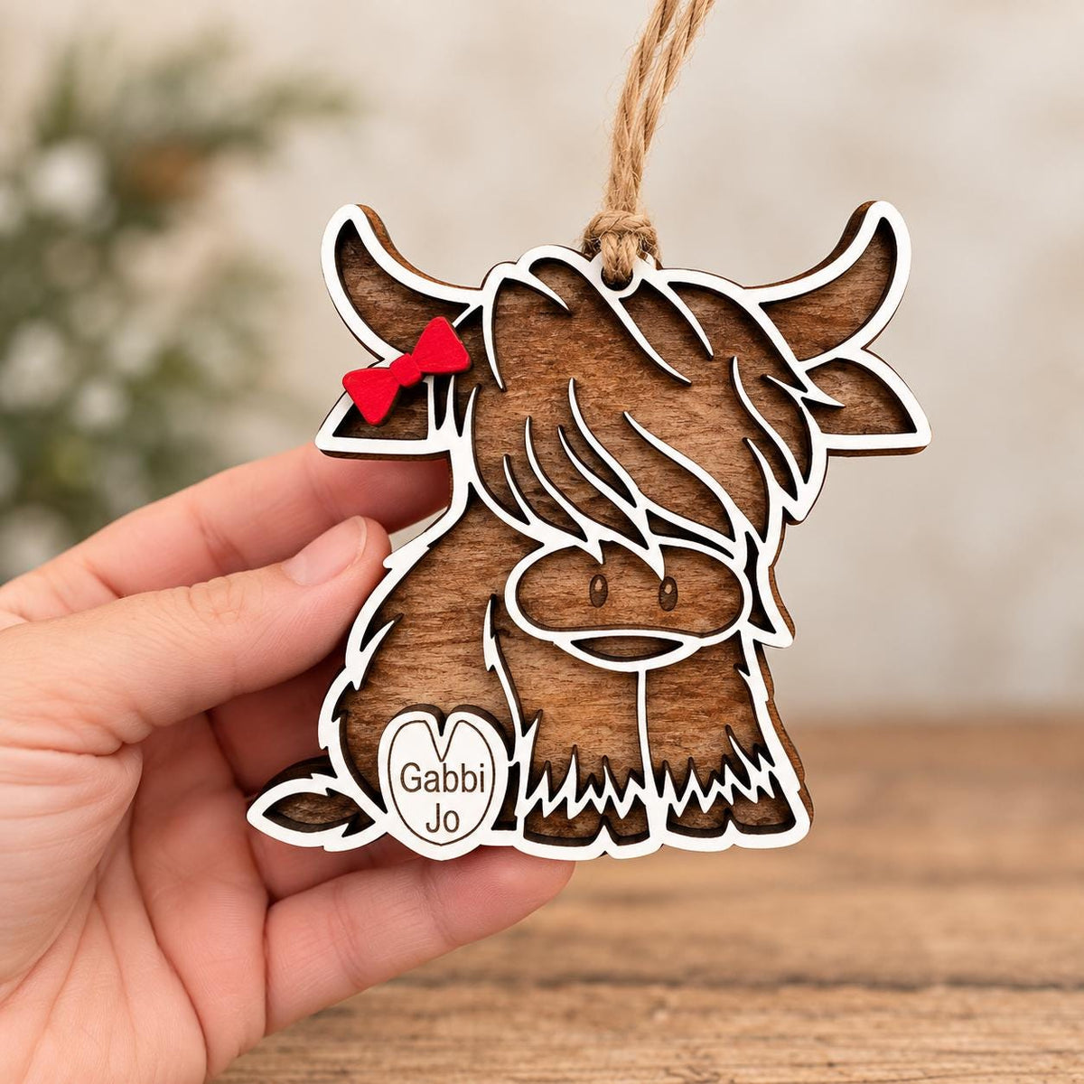 Highland Cow Personalized Wood Christmas Ornament