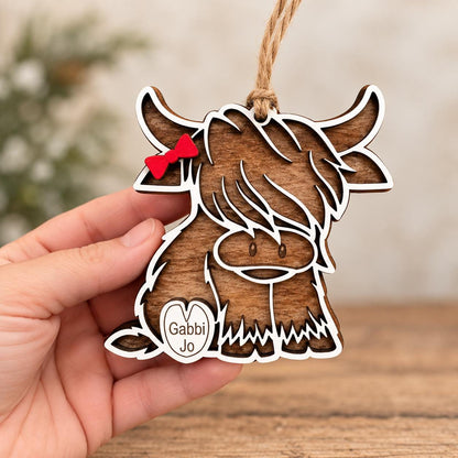 Highland Cow Personalized Wood Christmas Ornament
