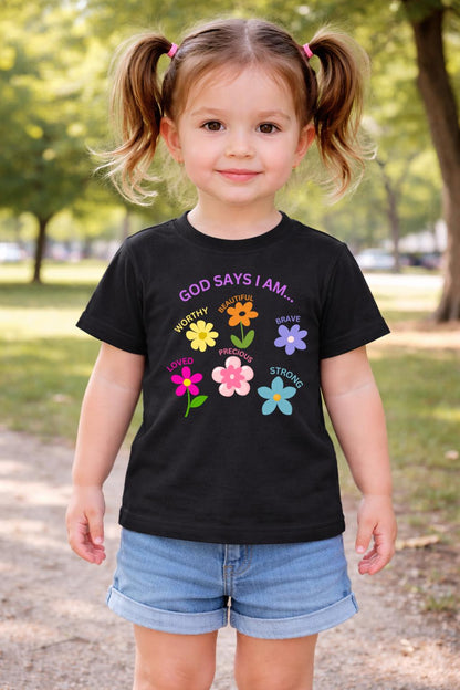 Girls Christian Shirt | God Says I Am Affirmation Flower Tee