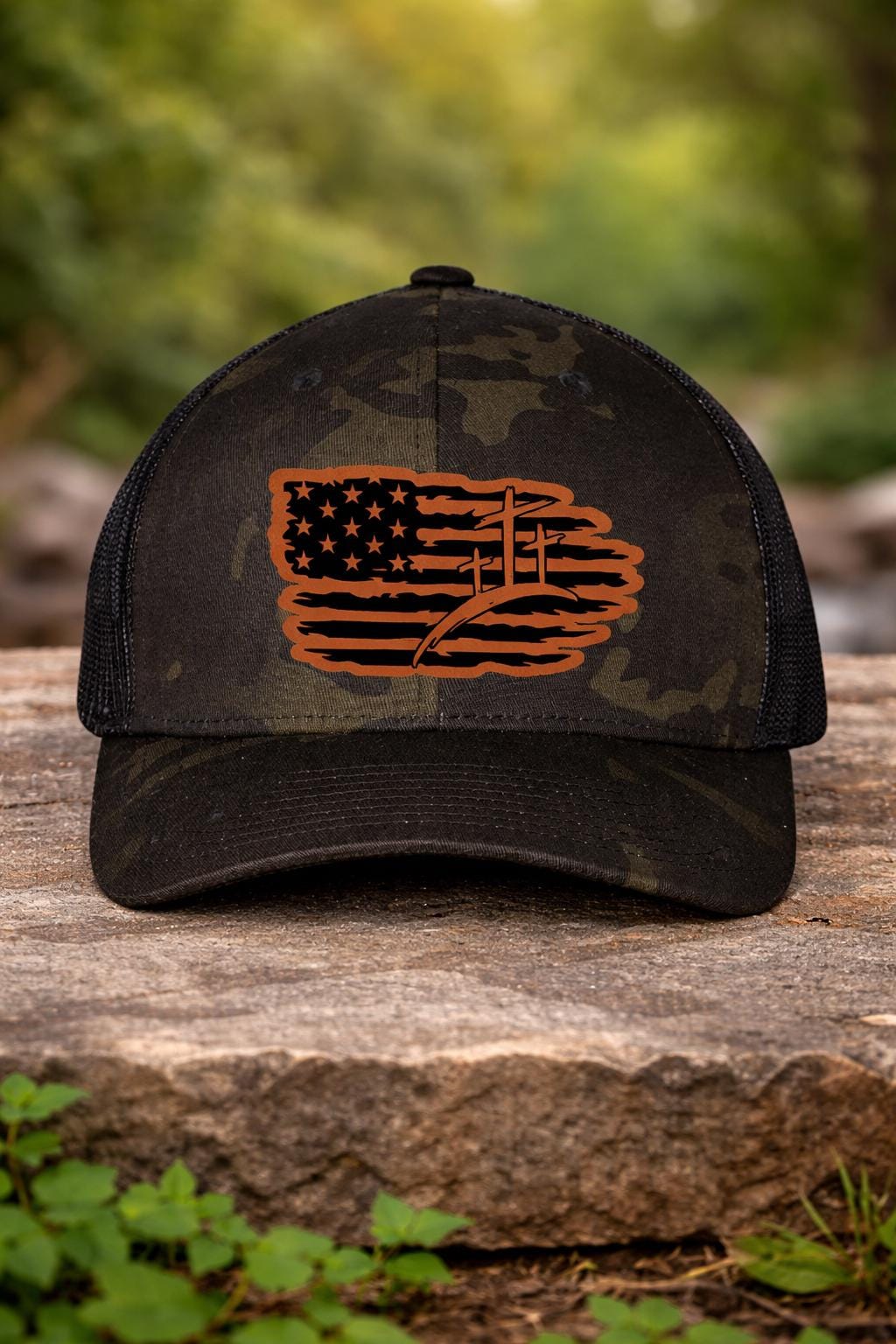 Camo Trucker Hat, American Flag Crosses, Faith Patriotic Outdoor Cap