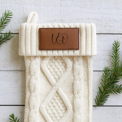 Personalized Christmas Stocking: Cream Cable Knit with Engraved Leatherette Patch