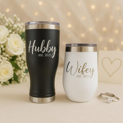Personalized Hubby Wifey Tumbler Set, Engraved Stainless Steel Travel Mugs