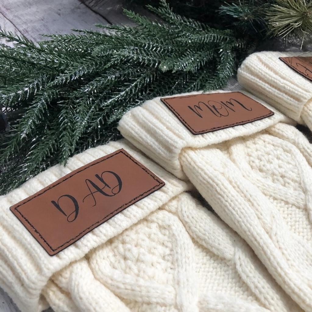 Personalized Christmas Stocking: Cream Cable Knit with Engraved Leatherette Patch