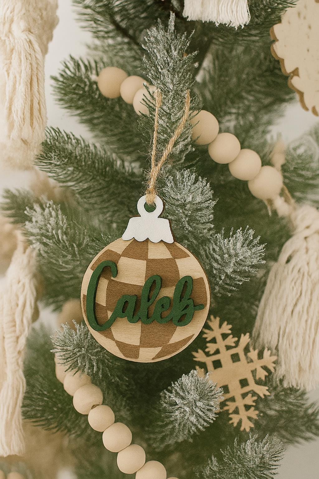 Personalized Wood Christmas Ornament – Buffalo Plaid Farmhouse Tree Decor