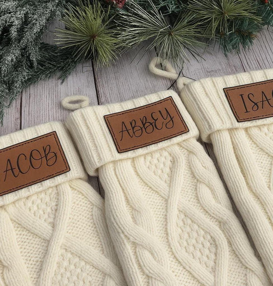 Personalized Christmas Stocking: Cream Cable Knit with Engraved Leatherette Patch