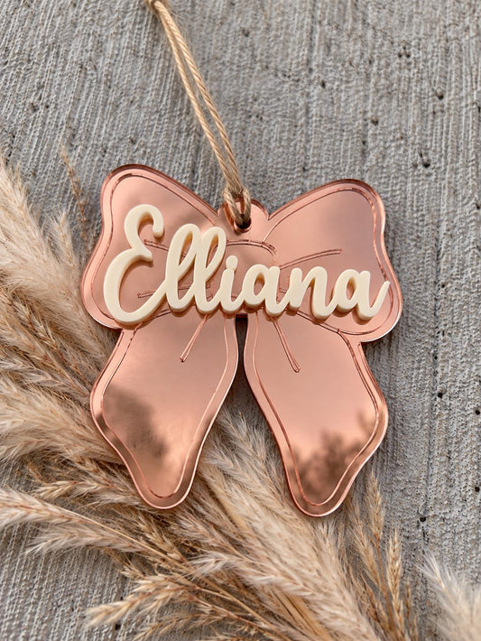 Personalized Rose Gold Bow Christmas Ornament