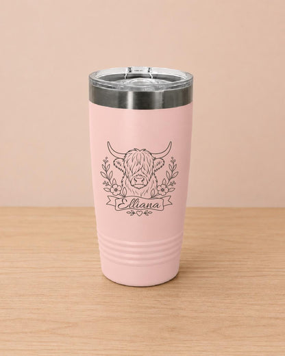 Personalized Highland Cow Tumbler | Floral Stainless Steel Travel Mug