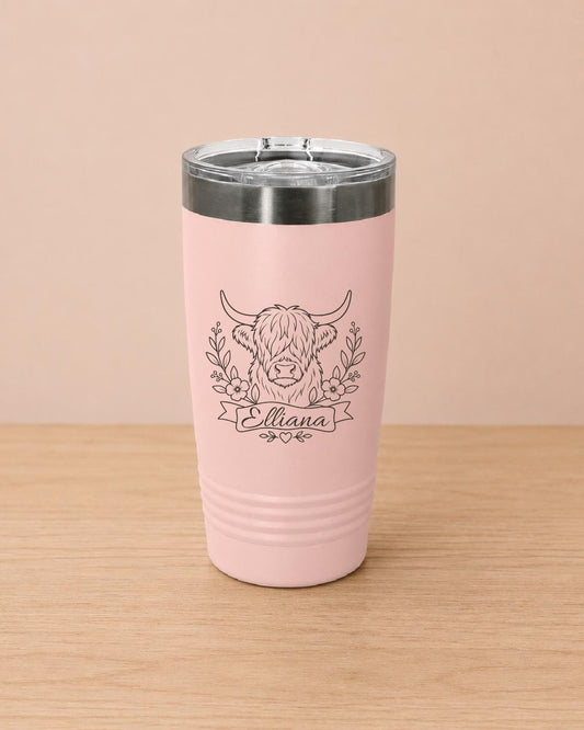 Personalized Highland Cow Tumbler | Floral Stainless Steel Travel Mug