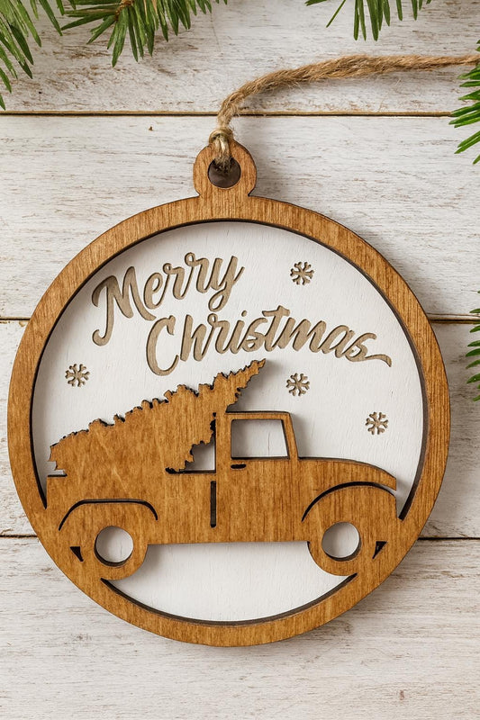 Merry Christmas Old Fashion Truck Wood Ornament