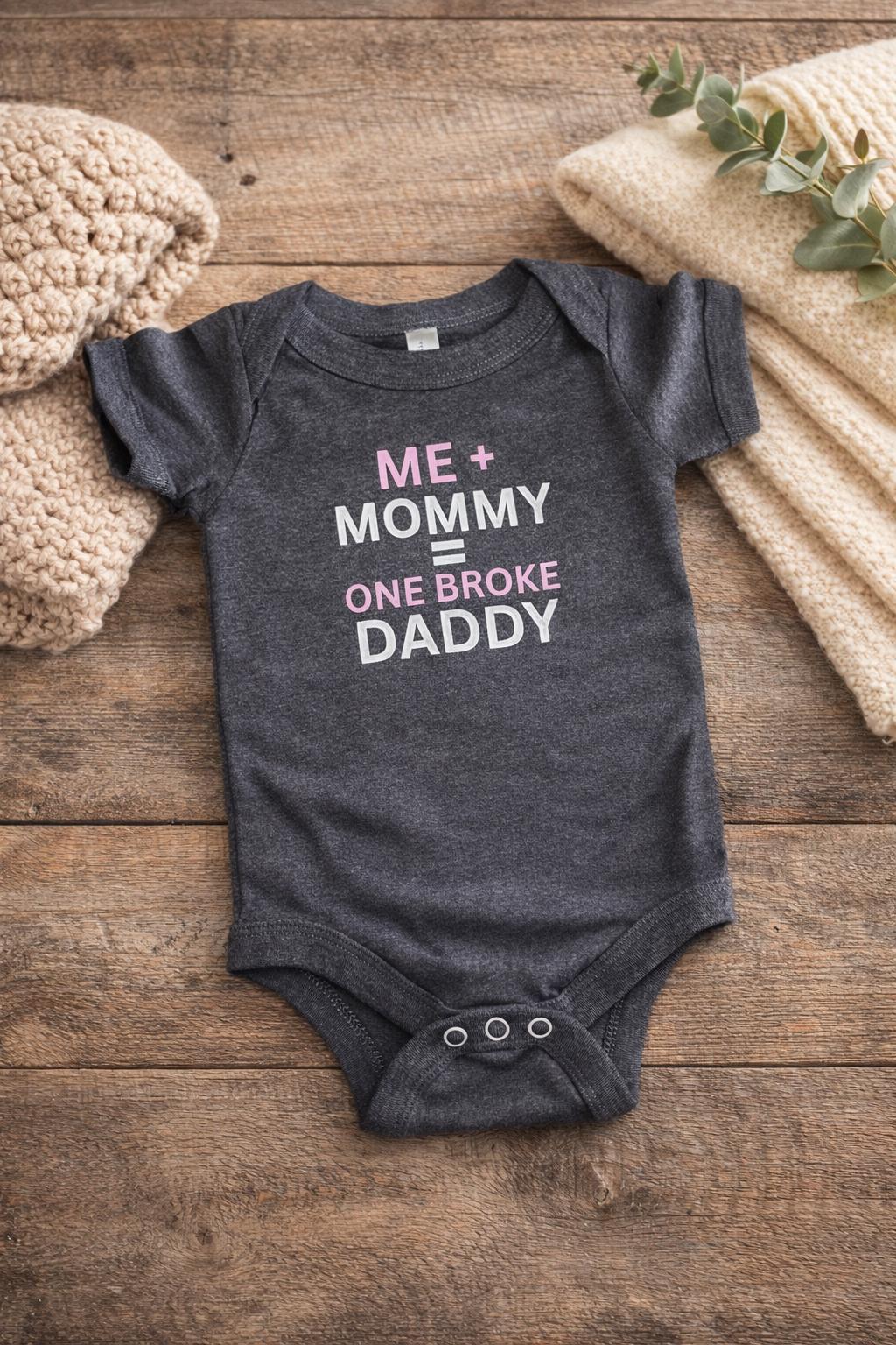 Funny Baby Bodysuit – “Me + Mommy = One Broke Daddy” Humor Outfit