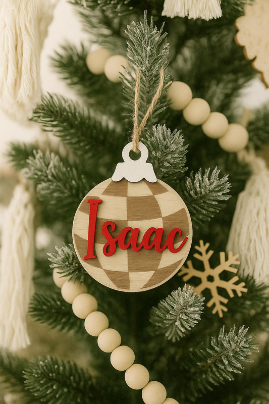 Personalized Wood Christmas Ornament – Buffalo Plaid Farmhouse Tree Decor