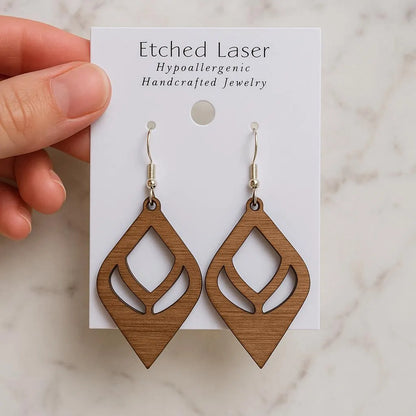 Laser Cut Wooden Teardrop Earrings