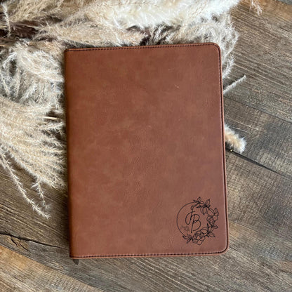 Personalized Faux Leather Portfolio with Floral Monogram | Zippered Organizer