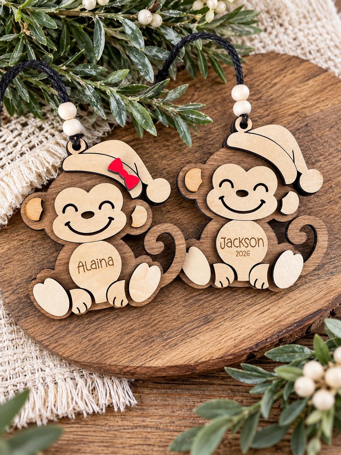 Monkey Personalized Wood Christmas Ornament