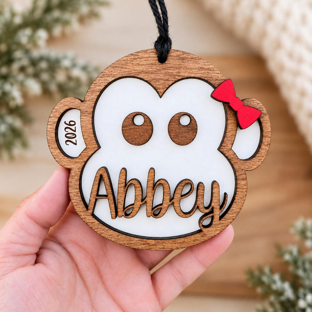 Monkey Personalized Wood Christmas Ornament